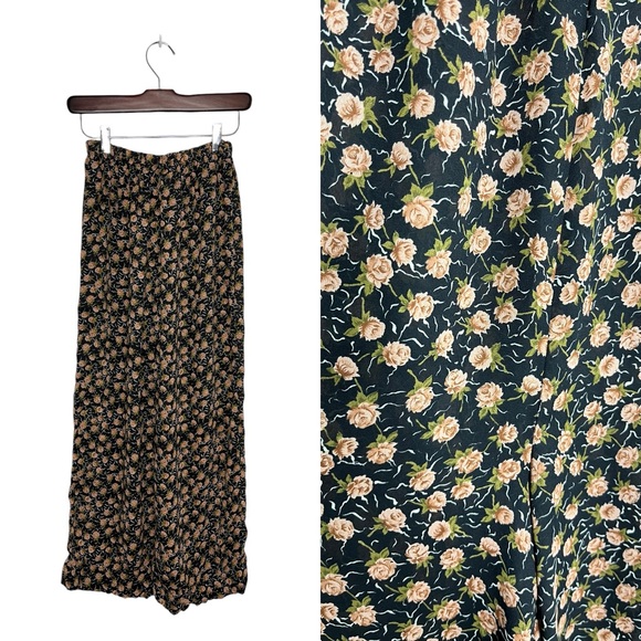 Vintage Pants - Vintage 90s Y2K Sheer High Waist Ditsy Floral Pull On Wide Leg Pants Black Pink